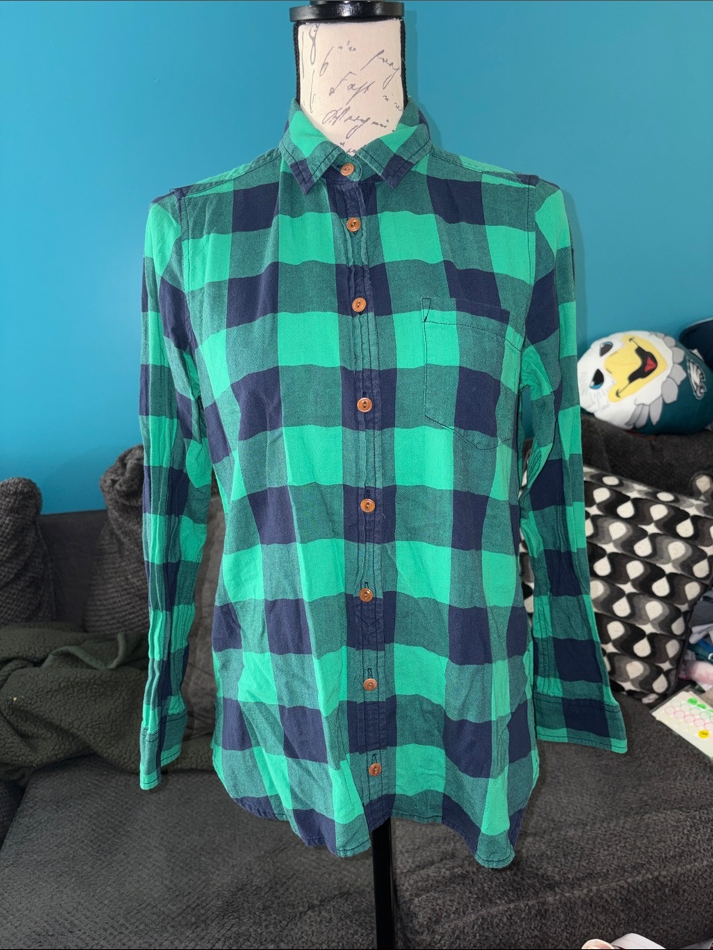 J Crew navy & green checked button down shirt, Size 6